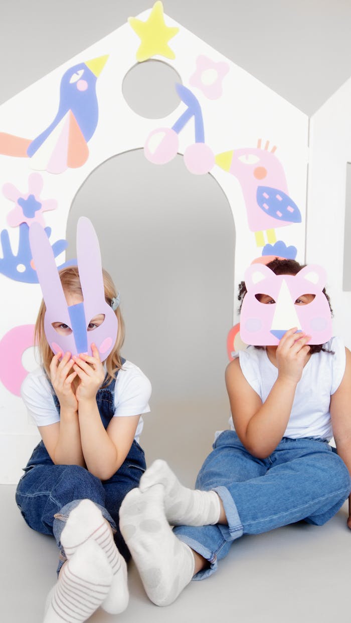 Two kids enjoy arts and crafts with playful paper animal masks in a creative setting.